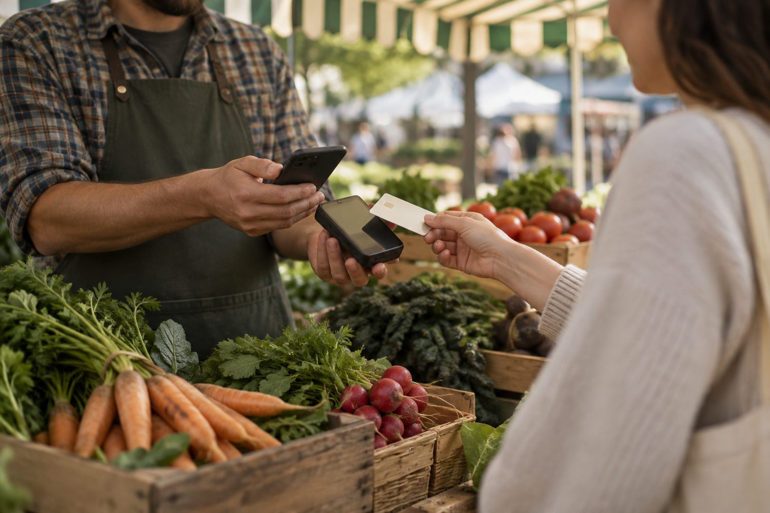 Ein Marktstand, der mit Shoppi Pay kassiert