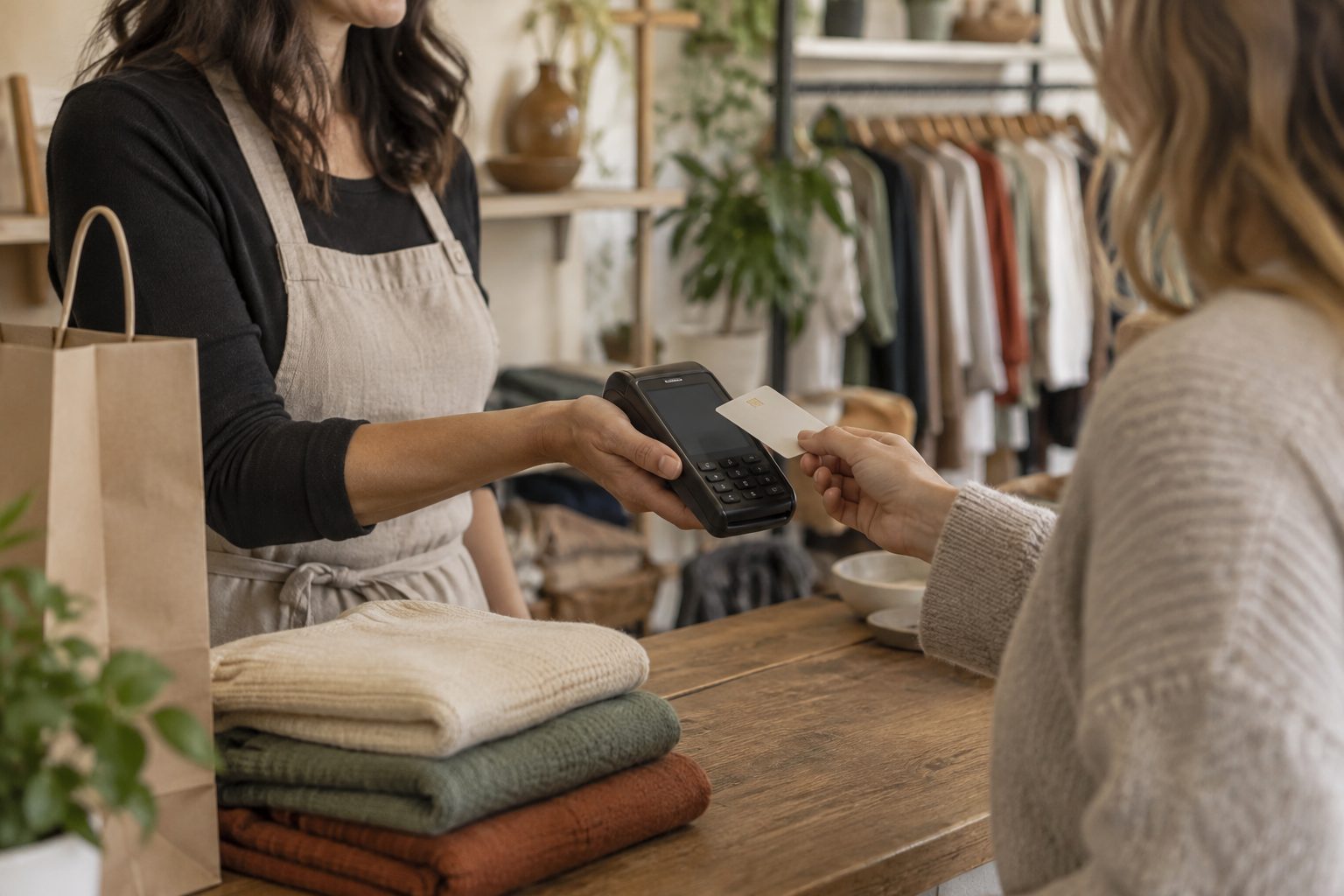 Der Tresen eines Geschäfts, das mit Shoppi Pay kassiert